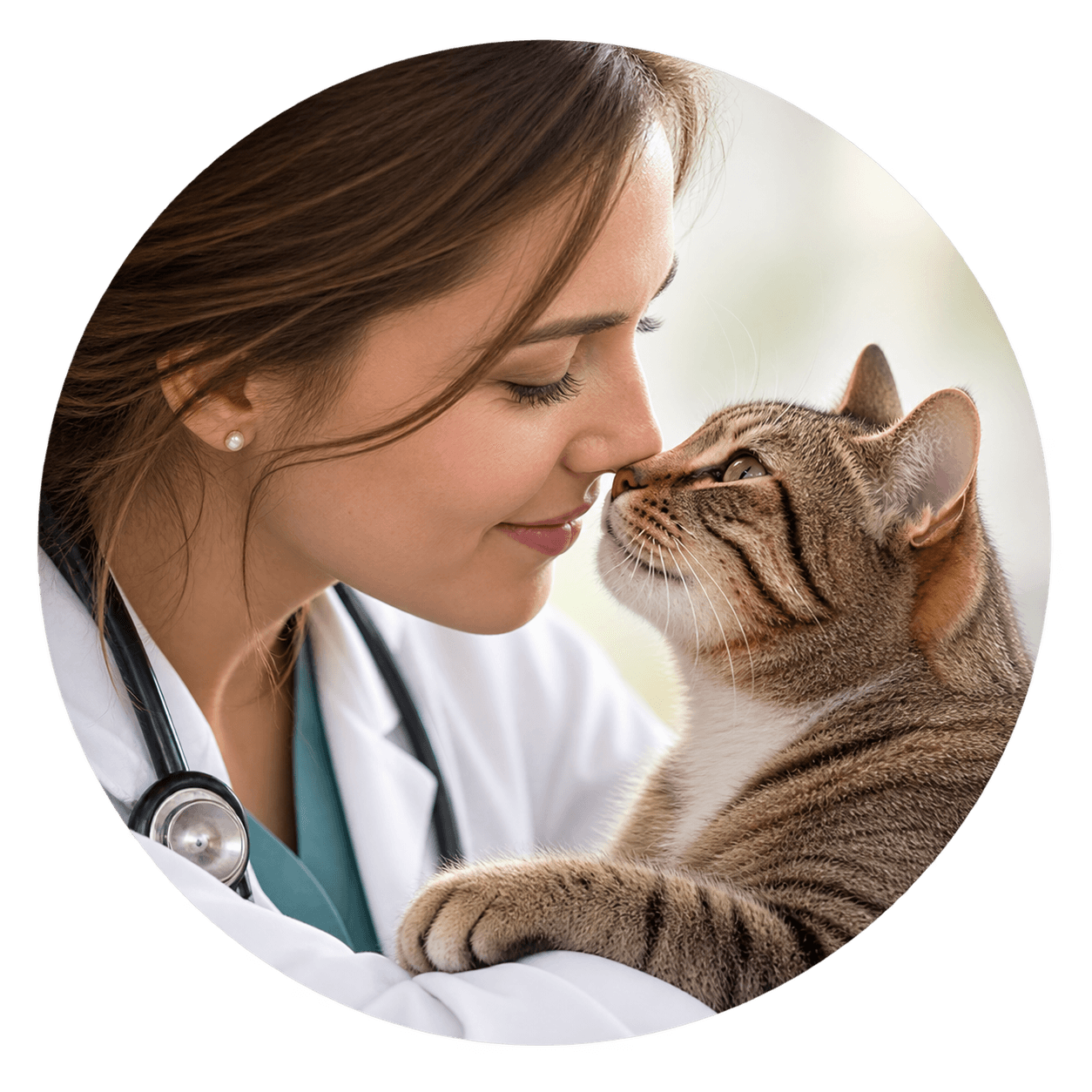 Veterinarian sharing a close, calm moment with a cat