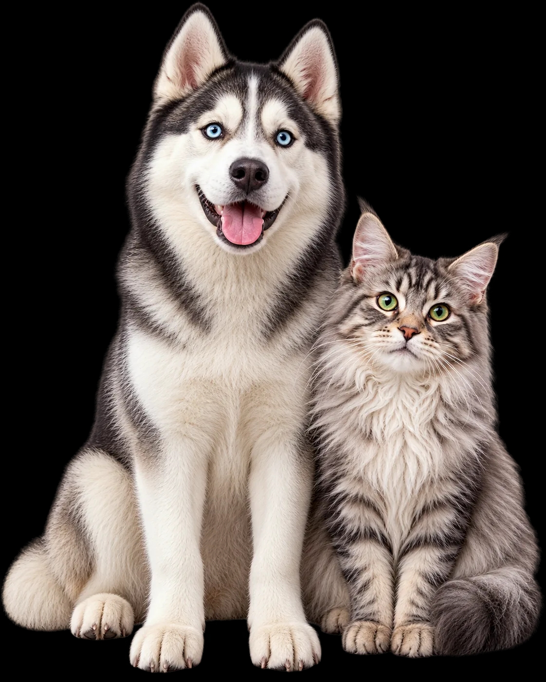 Siberian husky dog and gray tabby cat together, representing Vetifaction in-home veterinary care in Greater Houston