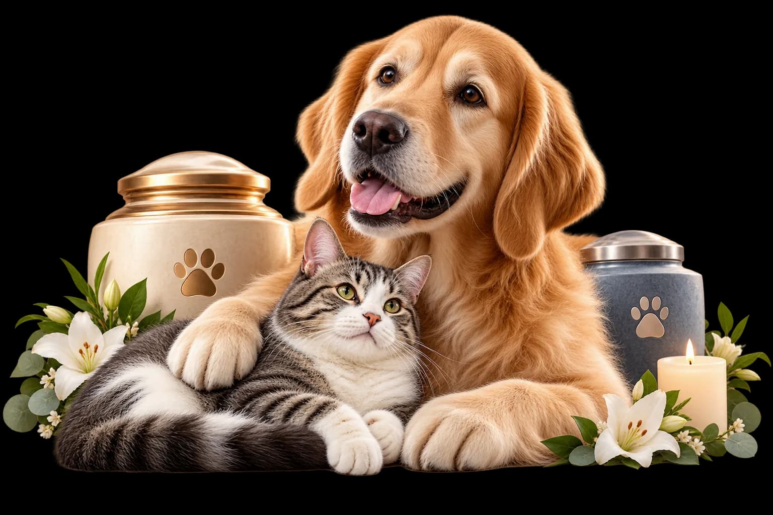 Golden retriever and cat representing pet cremation and memorial aftercare