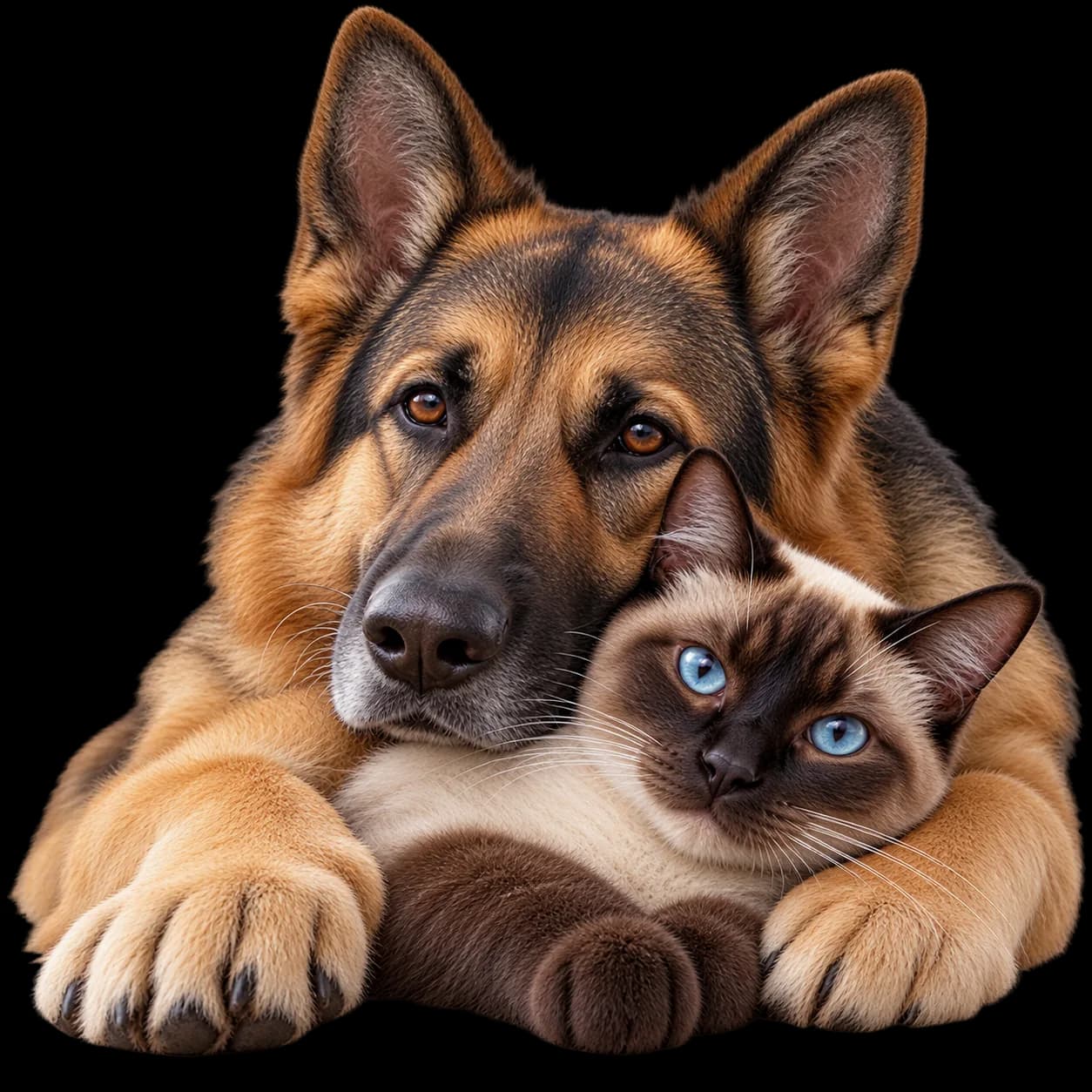 German shepherd dog and cat resting closely together