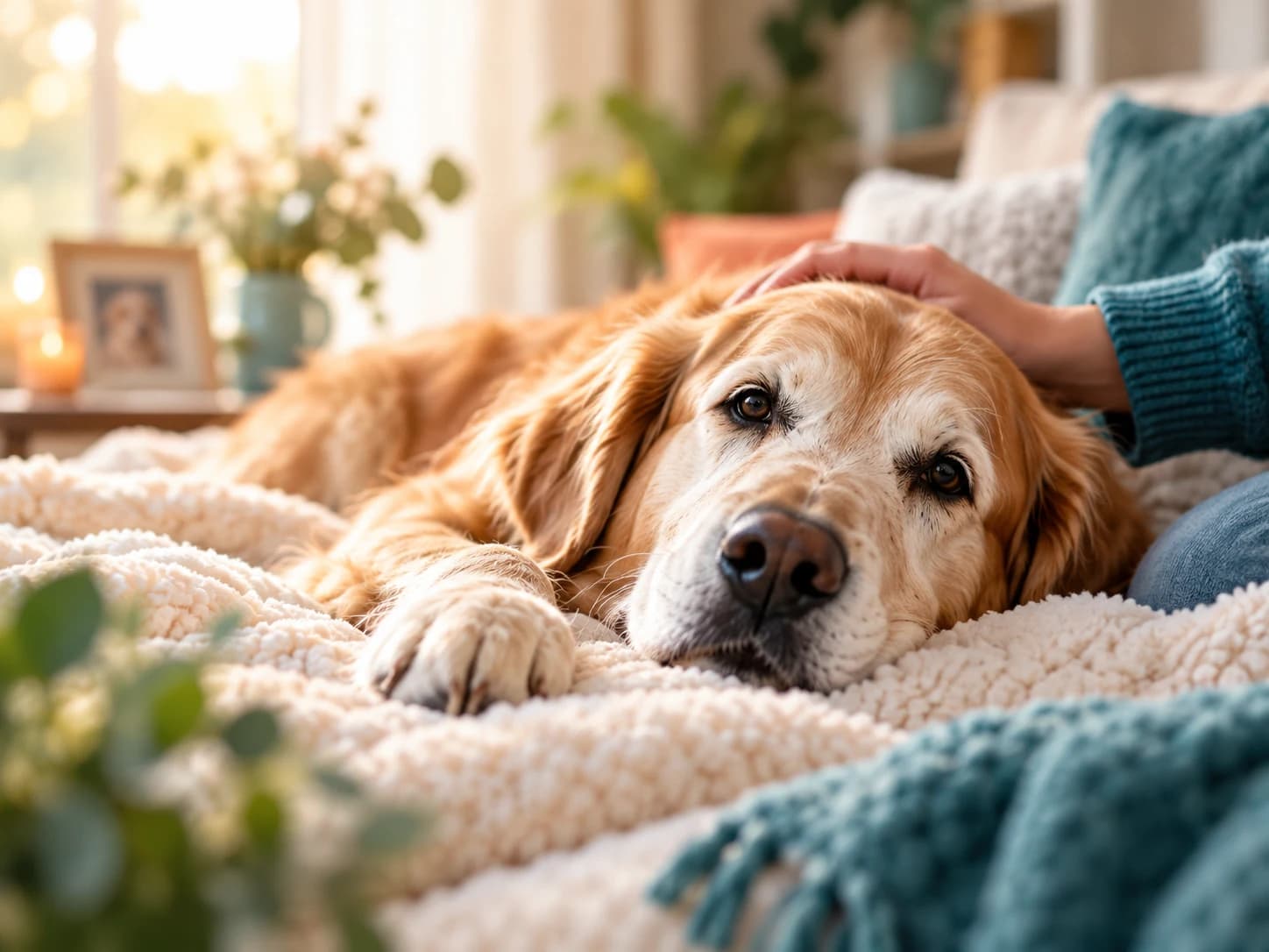 Senior golden retriever resting comfortably at home while being gently petted
