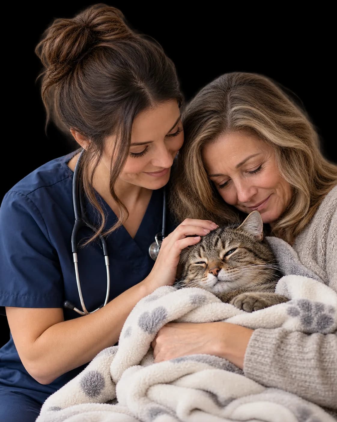 Veterinary professional with pet owner and cat representing compassionate in-home end-of-life care
