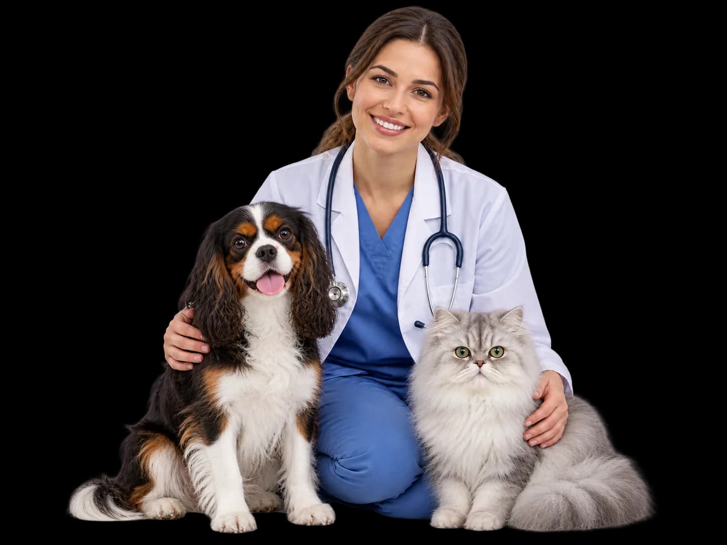 Veterinarian seated with a dog and cat during preventive wellness care